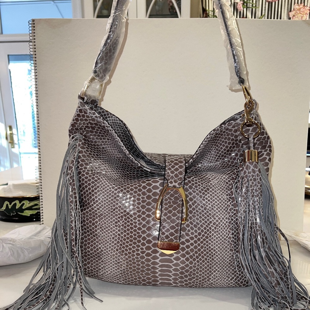 G.I.L.I. Leather Stirrup Snake Embossed Fringe & Tassel Hobo